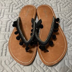 Elegant Black Pom-Pom Sandals